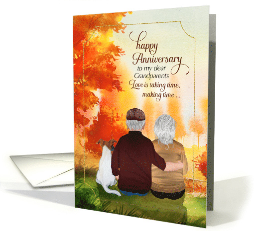 for Grandparents Wedding Anniversary Senior Couple and Dog Autumn card