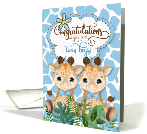 Twin Boys New Baby Congratulations Jungle Giraffe Theme in Blue card