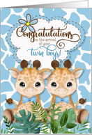 Twin Boys New Baby Congratulations Jungle Giraffe Theme in Blue card