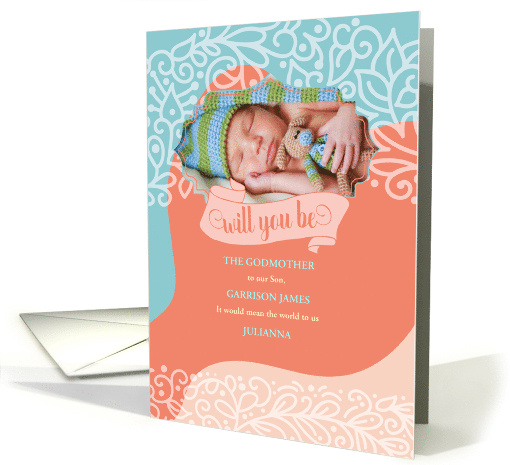 Godmother Request Orange and Blue Swirls Photo card (1732192)