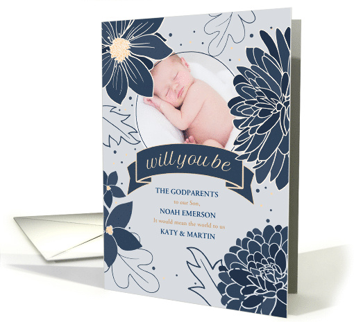 Godparent Request Bold Blue Botanicals with Photo card (1732198)