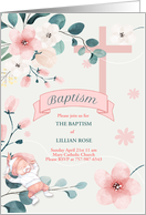 Baptism Invitation for Baby Girl Peach Blossoms Christian Cross card