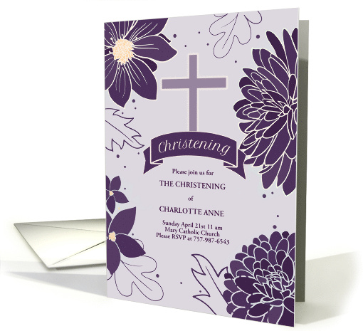 Christening Invitation Bold Plum Botanicals with Christen Cross card