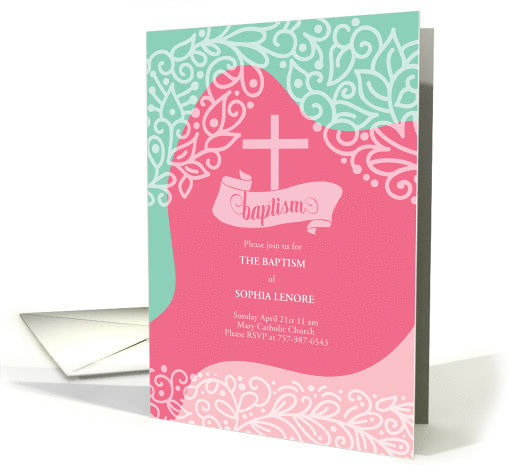 Baptism Invitation Pink and Sea Green Swirls with Cross card (1732294)