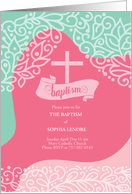 Baptism Invitation Pink and Sea Green Swirls with Cross card