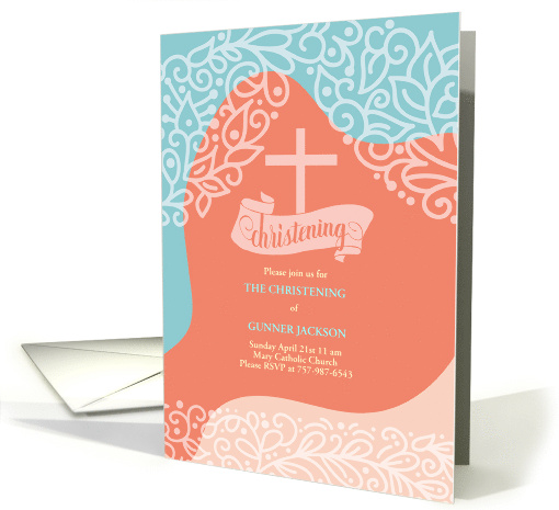 Christening Invitation Orange and Blue Swirls with Cross card