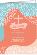 Christening Invitation Orange and Blue Swirls with Cross card
