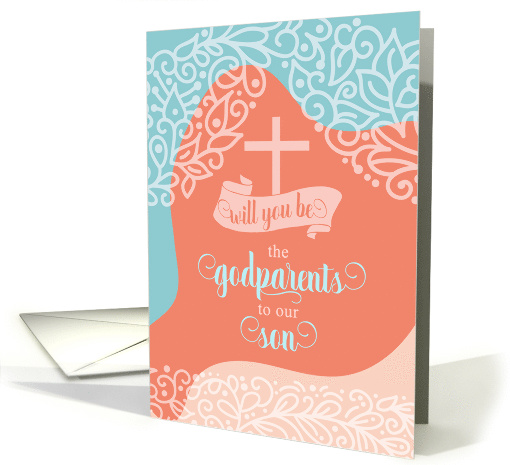 Godparent Request for Son Orange and Blue Swirls card (1732358)