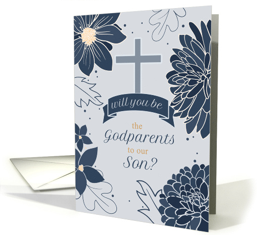 Godparents Request for Son Bold Navy Blue Botanicals card (1732368)