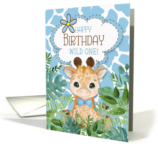 Boy's Birthday Cute Giraffe in a Blue Bow Tie Jungle Theme card