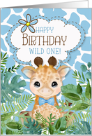 Boy’s Birthday Cute Giraffe in a Blue Bow Tie Jungle Theme card