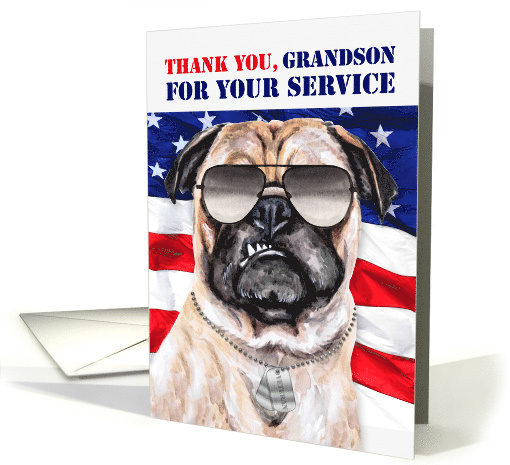 for Grandson Veterans Day Funny Patriotic Pug Dog with Flag card