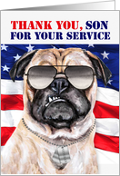 for Son Veterans Day Funny Patriotic Pug Dog with Flag card