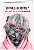 Grandma’s Funny Birthday Pug Dog in Pink Glasses and a Robe card