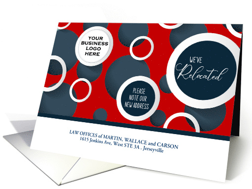 We're Moved Business Red and Navy Geometric Circles Business Logo card