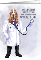 White Coat Congratulations Funny Hound Dog Doctor with Stethoscope card