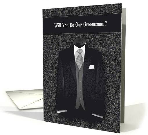 Groomsman Request Tux in Black and Gray with Swirls card (1772072)