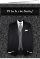 Wedding Attendant Request Tux in Black and Gray with Swirls card