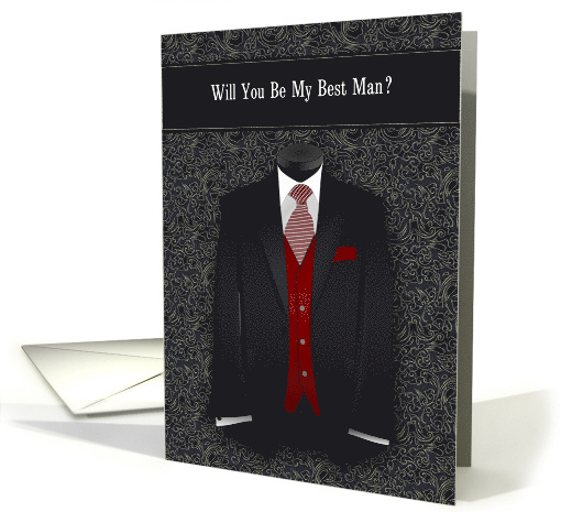 Best Man Request Wedding Black and Red Suit Tie card (1772434)