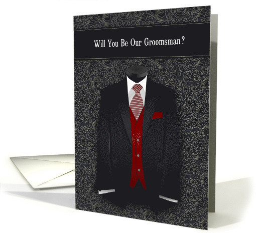 Groomsman Request Wedding Black and Red Suit Tie card (1772438)
