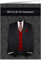 Groomsman Request Wedding Black and Red Suit Tie card