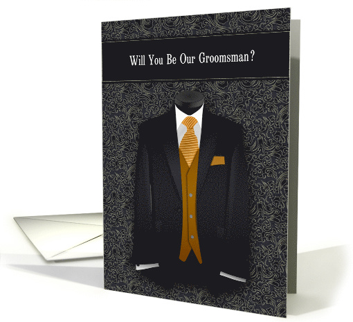 Groomsman Wedding Request Wedding Black and Gold Suit Tie card