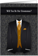 Groomsman Wedding Request Wedding Black and Gold Suit Tie card