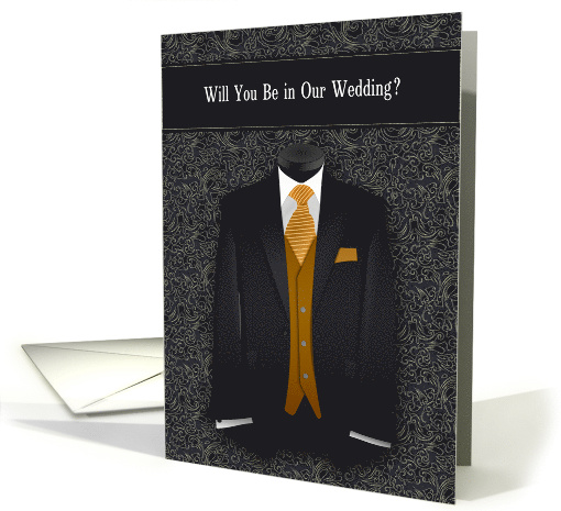 Wedding Attendant Request Tuxedo Black and Gold Suit Tie card