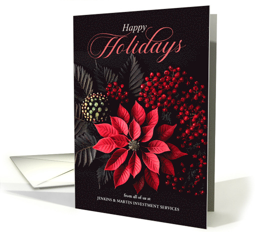 Poinsettia Happy Holidays on Black with Bold Red Berries Custom card