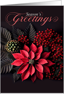 Poinsettia Season’s Greetings on Black with Bold Red Berries card