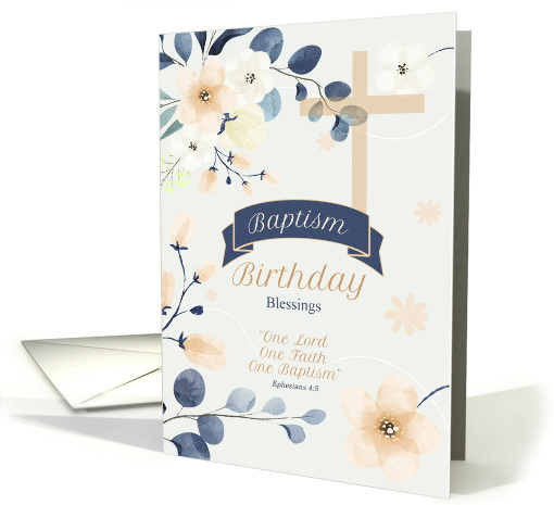 Baptism Birthday Tan Blue and Peach Botanical Accents card (1819848)