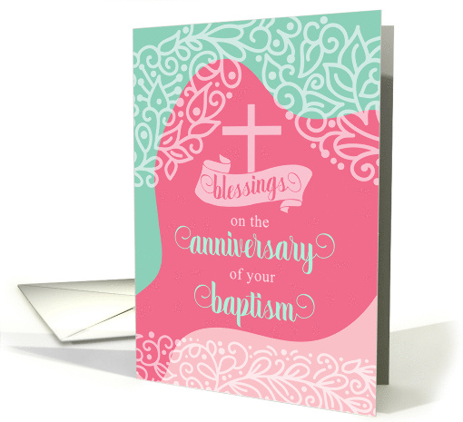 Baptism Anniversary Pink and Sea Green Swirls card (1819850)