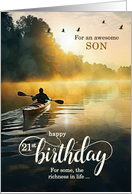 Son 21st Birthday Rowing a Kayak on the Lake card