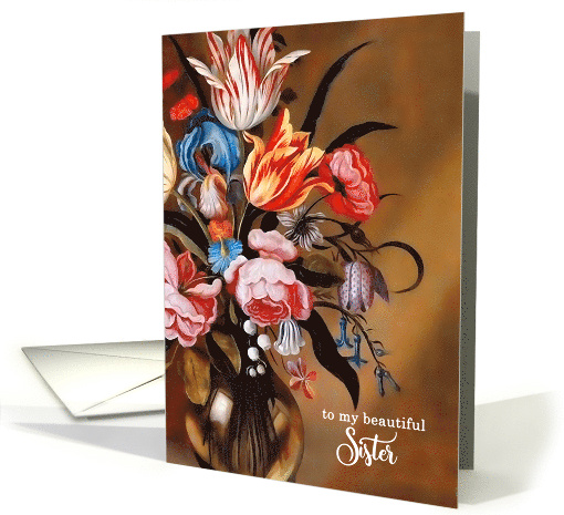 Sister's Birthday Feminine Vintage Floral Art Bouquet in a Vase card