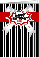 Boss Birthday Black White Stripes with Red Comic Book Style card