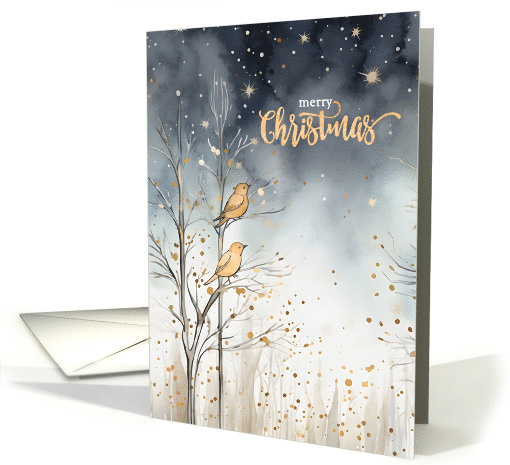 Merry Christmas Winter Forest Wild Birds Navy and Golden Hues card