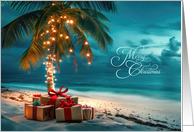 Christmas Palm Tree and Gifts on the Beach card