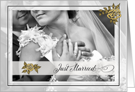 Just Married Announcement Faux Gold Leaf with Bride and Groom card
