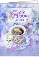 For Grandmother Birthday Cup of Tea and Purple Flowers card