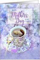 For Wife on Mother’s Day Cup of Tea and Purple Flowers card