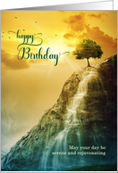 Happy Birthday Tree on a Mountain Waterfall card