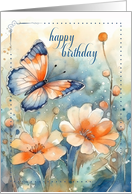 for Her Birthday Butterfly and Flowers Peach and Blue card