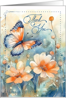 Thank You Butterfly and Flowers in Peach and Blue card