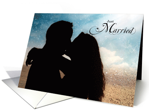 Just Married Announcement Couple Kissing Beach Scene card (425093)