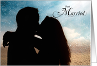 Just Married Announcement Couple Kissing Beach Scene card