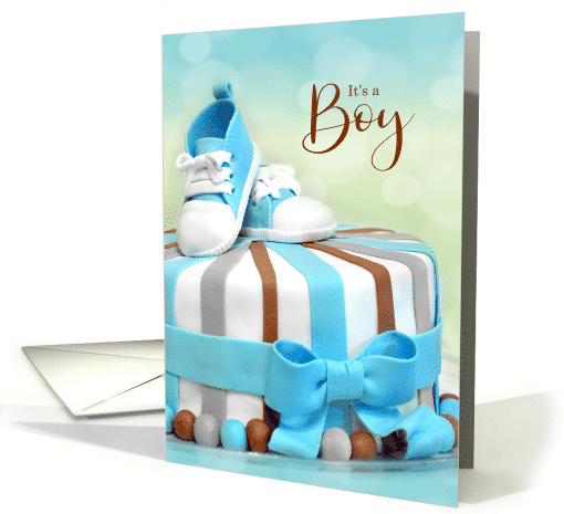 It's A Boy Baby Birth Announcement in Blue and Brown with Cake card