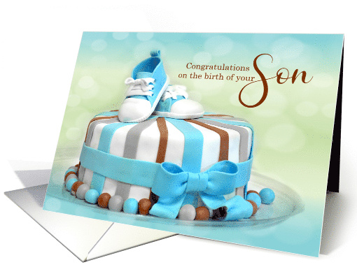 New Baby Congratulations Birth of a Son Blue and Brown Cake card