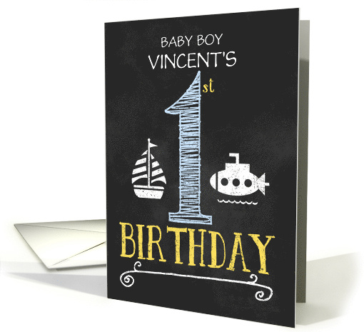 Baby Boy's 1st Birthday Chalkboard Theme in Blue and Yellow card