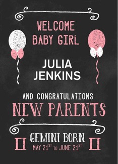 Gemini Baby Girl Congratuations Born May 21st to June 21st Custom