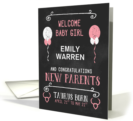 Taurus Girl New Baby April 21 to May 21 Chalk Pink with Name card